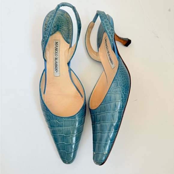 Manolo Blahnik Teal Blue Croc Embossed Leather Carolyne Slingback Heels EU 38.5 - Picture 1 of 10